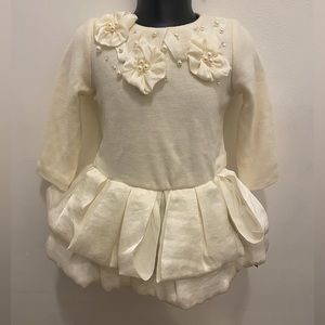 NWT Biscotti + Kate Mack - Ivory Long Sleeve Dress w/3D Flowers & Pearls 12-18M